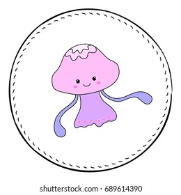 Jellyfish isolated on white background. Girl jellyfish cartoon vector illustration. Underwater princess handdrawn patch. Cartoon fish drawing. Nursery clip art with tropical sea animal. Marine fauna