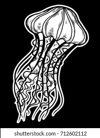 Jellyfish isolated symbol. Medusa with long tentacles logo. Cartoon lines art. Doodle print for child, textile, shirt, clothes, tattoo, banner, website, greeting card. Vector illustration.