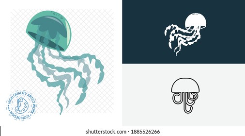 Jellyfish isolated vector icon. animal flat, solid and line design element