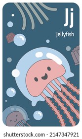 Jellyfish J letter. A-Z Alphabet collection with cute cartoon animals in 2D. Jellyfish swimming under the water. Pink sea jelly looking at camera and smiling. Hand-drawn funny simple style.