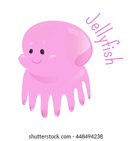 Jellyfish Or Jellies Isolated. Free Swiming Non-polyp Form Of Individuals Of Phylum Cnidaria. Part Of Series Of Cartoon Sea Creature Species. Marine Animals. Sticker For Kids. Child Fun Icon. Vector.