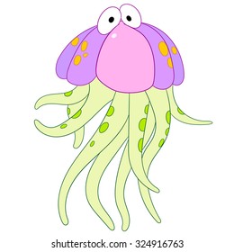 Jellyfish. Jelly Fish. Cartoon character isolated on white background. Colorful design for kids activity book, coloring page, colouring picture. Vector illustration for children.