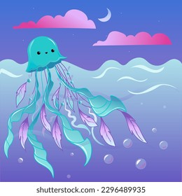Jellyfish kawai design for kids card print vector