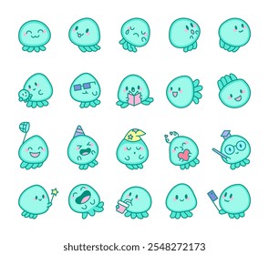 Jellyfish kawaii cute cartoon character set with various emotions and fun creative accessories for vector illustrations and artistic design creation