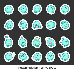 Jellyfish kawaii cute cartoon character set with various emotions and fun creative accessories for vector illustrations and artistic design creation