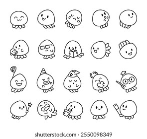 Jellyfish kawaii cute cartoon character set with various emotions and fun creative accessories for vector illustrations and artistic design creation