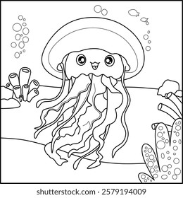 Jellyfish line art for coloring book with simple background