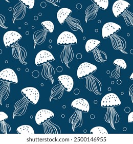 jellyfish line art , Seamless pattern for decorating all fashion designs, fabrics, wallpapers and prints on a dark background.
