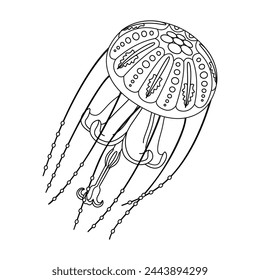 Jellyfish line art vector illustration. Black and white outline Jellyfish Coloring page for kids and adults. Page for relaxation and meditation. Vector illustration