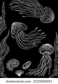 Jellyfish line art. Vector monochrome card, banner, background