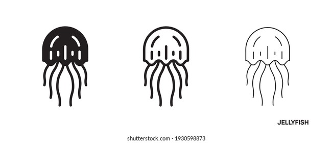 Jellyfish line icon set. Such icons include thin, thick and silhouette jellyfish icon set. Editable line. Fish icon. Fish logo template. Creative vector symbol of fishing club or online web shop.