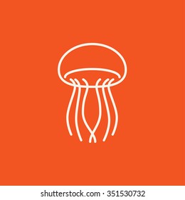 Jellyfish line icon for web, mobile and infographics. Vector white icon isolated on red background.