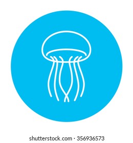 Jellyfish line icon for web, mobile and infographics. Vector white icon on the light blue circle isolated on white background.