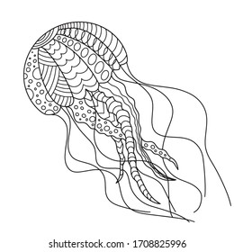 Jellyfish linear vector coloring page isolated on a white background for adults and children