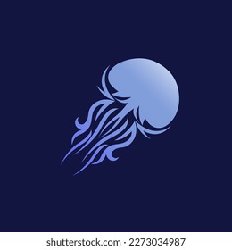 Jellyfish logo. Blue color underwater animal. Modern medusa concept. Ocean element. Elegant, bright lines. Sea life icon isolated on dark background. Ornamental, decorative shapes.