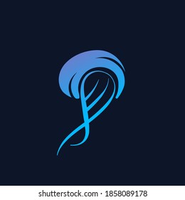 Jellyfish logo.Blue neon colors underwater animal.Modern medusa concept.Ocean element.Elegant, bright lines.Sea life icon isolated on dark background.