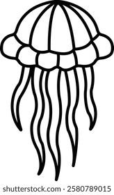 A jellyfish with long tentacles is drawn in black. The jellyfish is not very detailed, but it is still recognizable. The image has a simple and minimalistic feel to it