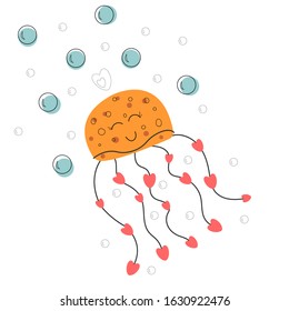 Jellyfish with many little hearts and bubbles. Love everywhere. Design for valentines day, greeting cards. Cute and fun vector illustration.