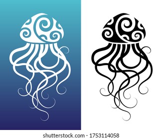 Jellyfish Maori style. Tattoo sketch or logo. Tribal ethno style. Blue gradient and white background.