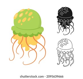 Jellyfish marine cartoon or stamp, doodle outline symbol set. Ocean undersea jelly medusa stencil printing, contour. Tropical under water sea design elements. Vector illustration