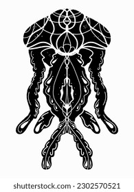 Jellyfish. Marine life. In the style of linocut. Cut patterns. Scandinavian rustic ornament. Element for design	

