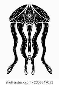 Jellyfish. Marine life. In the style of linocut. Cut patterns. Scandinavian rustic ornament. Element for design	
