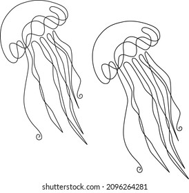 Jellyfish, marine underwater animal. Continuous line drawing. Vector illustration.