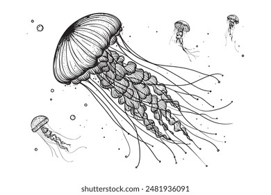 Quallen, Unterwassertier. Fortlaufende Linienzeichnung. Vektorillustration.