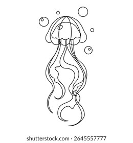 Jellyfish, marine underwater animal. Line drawing. Vector illustration.