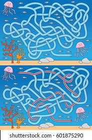 Jellyfish maze for kids with a solution