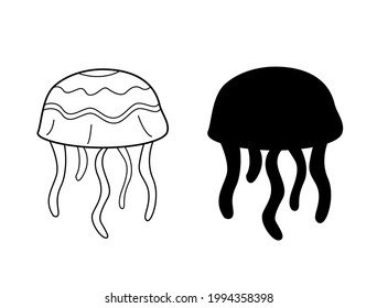 Jellyfish, medusa illustration. Line art. Vector illustration on white background. Two versions, black shape and black and white silhouette. Cut out