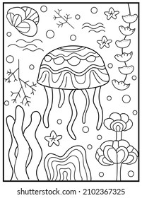 Jellyfish, medusa illustration. Underwater life in the sea, ocean. Hand drawn coloring for kids and adults. Beautiful simple drawings with patterns. Coloring book pictures with fish. Vector