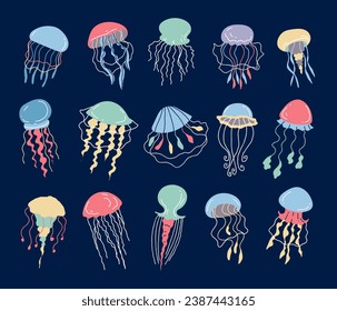 Jellyfish medusa sea jelly animal underwater marine wildlife isolated set. Vector flat graphic design illustration
