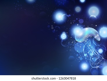 Jellyfish and microbes, blue ocean glowing particles sparkle, fantasy animals with bubbles in deep sea abstract background, scatter bright, vector illustration