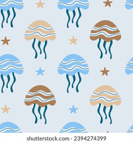 Jellyfish modern seamless pattern. Cute marine life underwater endless background with colorful medusa and starfish. Aquatic repeat vector illustration