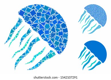 Jellyfish mosaic of irregular items in various sizes and color hues, based on jellyfish icon. Vector humpy items are grouped into mosaic. Jellyfish icons collage with dotted pattern.