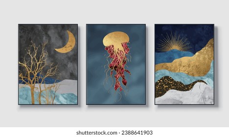 Jellyfish and mountain silhouette. Abstraction of textured marble with gold elements. Murals, murals, indoor printed wallpapers,