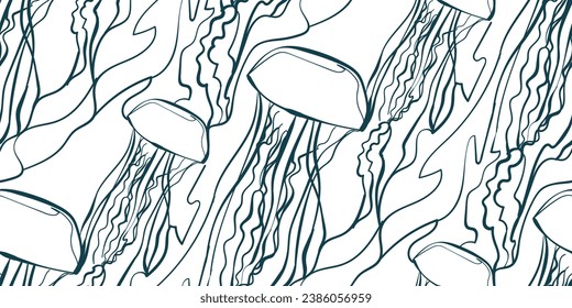 naturaleza jellyfish fauna silvestre artística inquebrantable de tinta vector de una línea patrón mano 