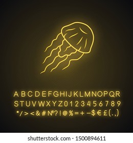 Jellyfish neon light icon. Swimming medusa. Ocean wildlife. Aquatic floating animal. Toxic jelly fish with tentacles. Glowing sign with alphabet, numbers and symbols. Vector isolated illustration