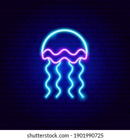 Jellyfish Neon Sign. Vector Illustration of Sea Promotion.