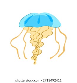 Jellyfish, an ocean creature, displaying a simple design with a blue bell and flowing tentacles, isolated on a white background, representing aquatic wildlife