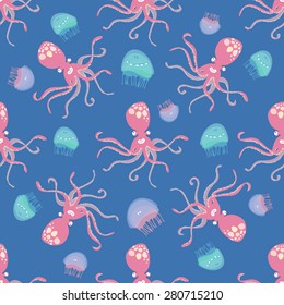 Jellyfish and octopus. Sea vector seamless pattern.