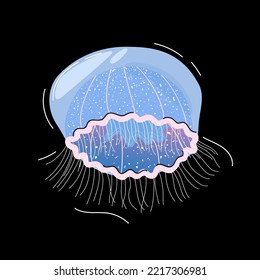 Jellyfish on black background. Abstract geometric medusa. Hand drawn modern style vector illustration.