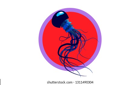 Jellyfish on red background. Attention of poison, toxic medusas