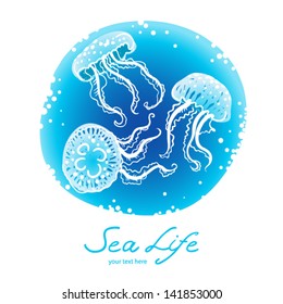 Jellyfish on a round  background. It can be used for decorating of invitations, cards, decoration for bags and clothes.