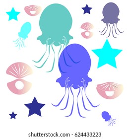 Jellyfish on white background. Marine and ocean life . Vector illustration.