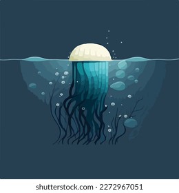 Jellyfish in open ocean. Underwater fish and sea creatures in natural habitat. Flat vector illustration concept