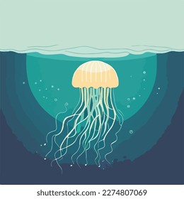Jellyfish in open ocean. Underwater fish and sea creatures in natural habitat. Flat vector illustration concept