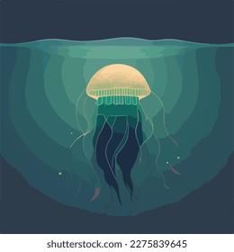 Jellyfish in open ocean. Underwater fish and sea creatures in natural habitat. Flat vector illustration concept