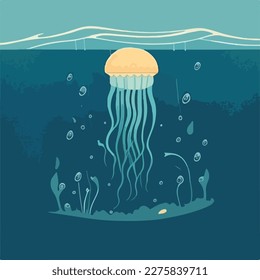 Jellyfish in open ocean. Underwater fish and sea creatures in natural habitat. Flat vector illustration concept
